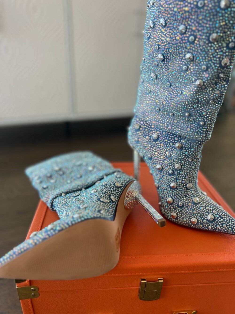 Azalea Wang "CHALLENGER" Rhinestone Booties Denim 7.5